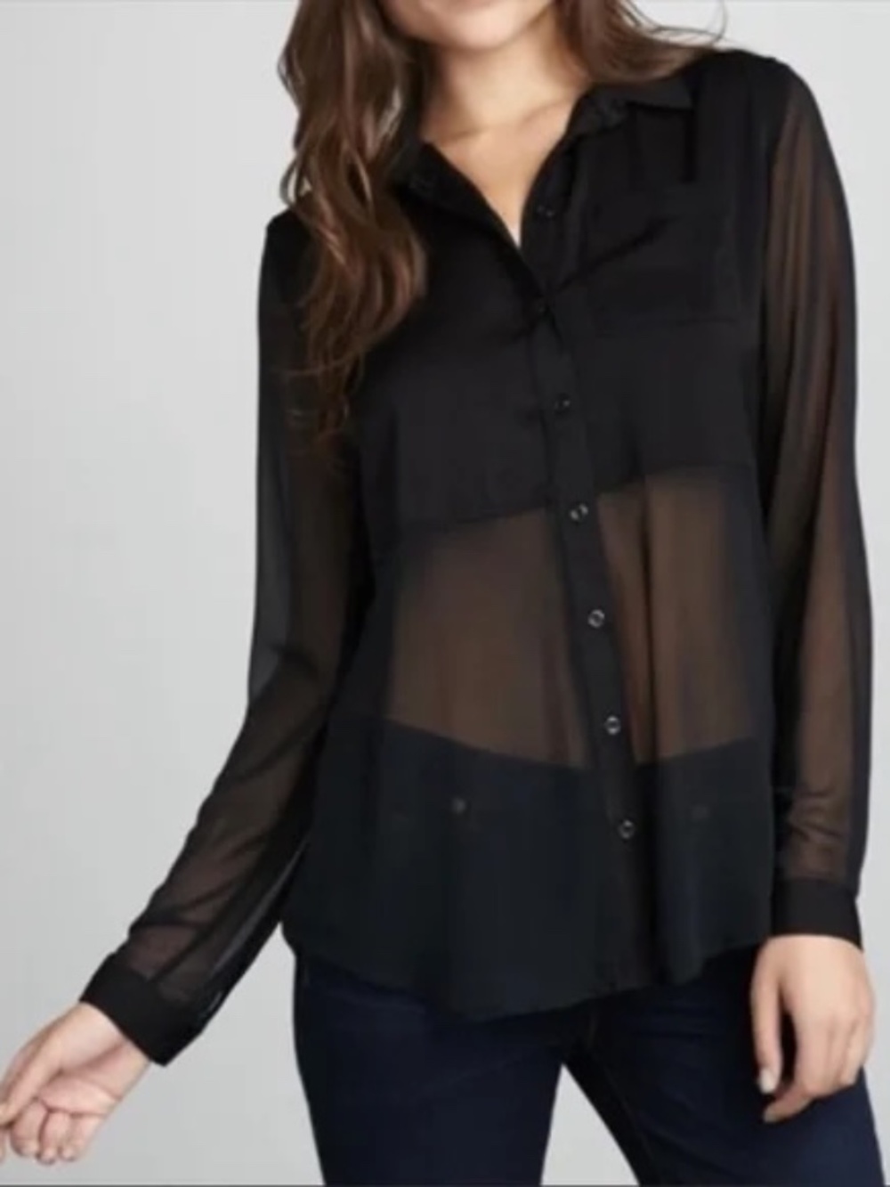 Free People Best of Both Worlds Sheer Button Down Blouse Top Black S